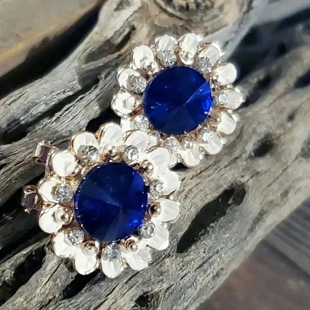 Sapphire Blue Lady Di Style Austrian Rivoli Crystal Earrings